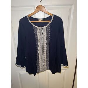 Tru Self Womens 2X Navy Lace Crochet Bell Sleeve Boho Peasant Top